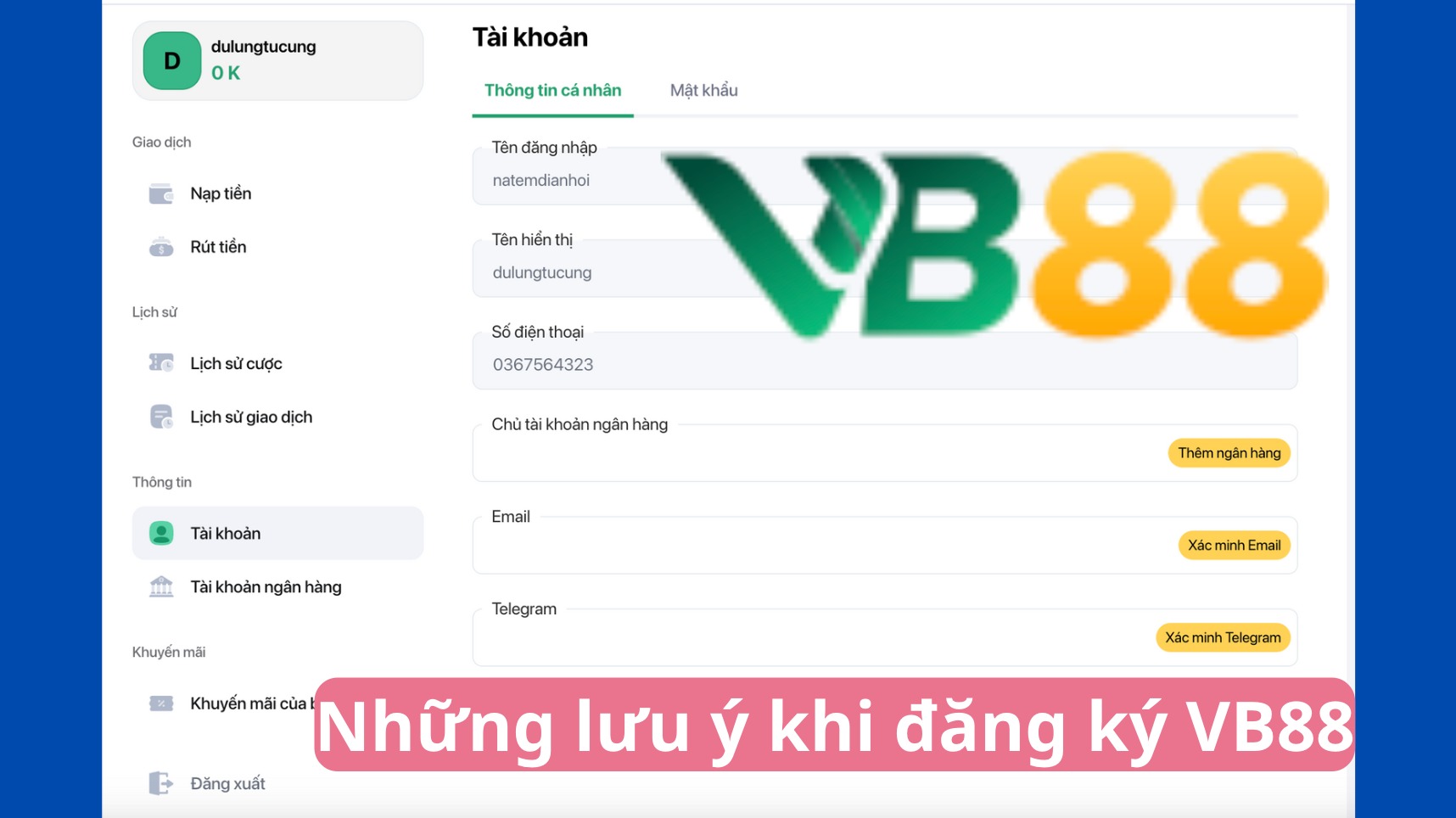 Khi đăng ký VB88 cần lưu ý về thông tin
